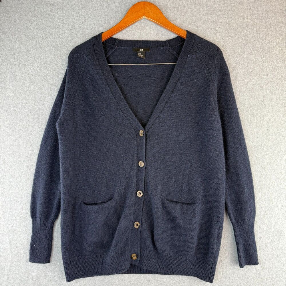 H&M Navy Blue Preppy Button Up Cardigan Wool Blend Size XS Basic Minimalist
